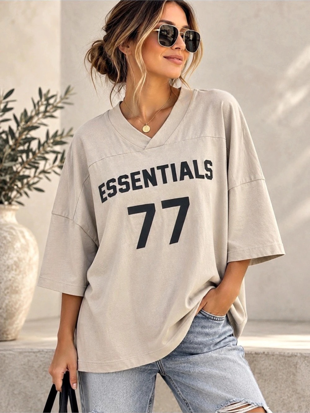 Fear of God Essentials 77 Oversized V Neck Jersey T Shirt Beige M